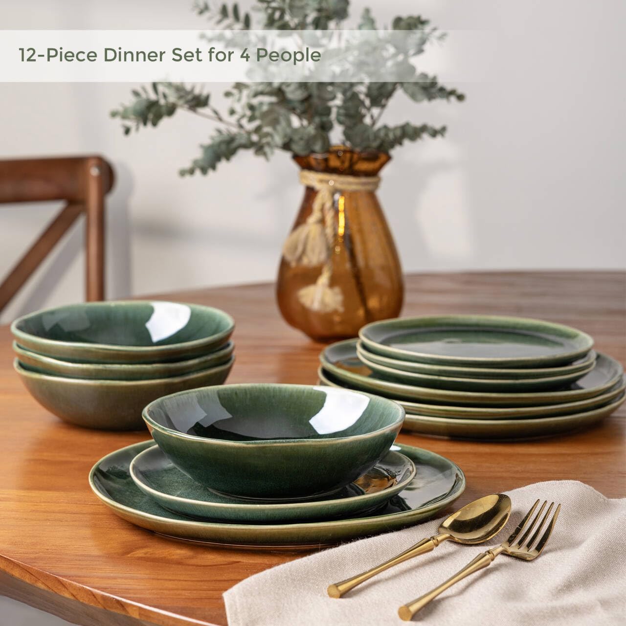 AmorArc Ceramic Dinnerware Sets,Handmade Reactive Glaze Stoneware Plates and Bowls Sets,Highly Scratch Resistant | Dishwasher & Microwave Safe Dishes Set,Service for 4 (12pc)