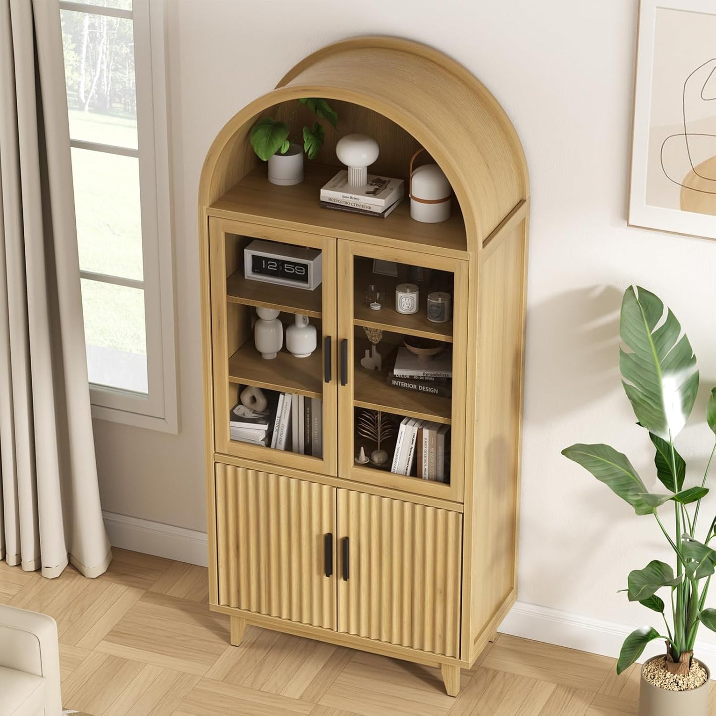 FiveWillowise Arched Cabinet with Glass Doors, 71" Tall Fluted Galss Cabinet with Solid Wood Legs, Adjustable Shelves Accent Furniture for Living Room, Kitchen, Dining Room, Entryway, Natural