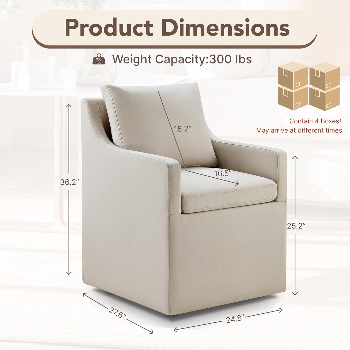 KISLOT Upholstered Dining Chairs Set of 4, Modern Dining Room Chairs with Casters & Washable Cover, Rolling Accent Chair with Hidden Storage for Kitchen, Farmhouse, Living Room, Flax Beige, 4 Box