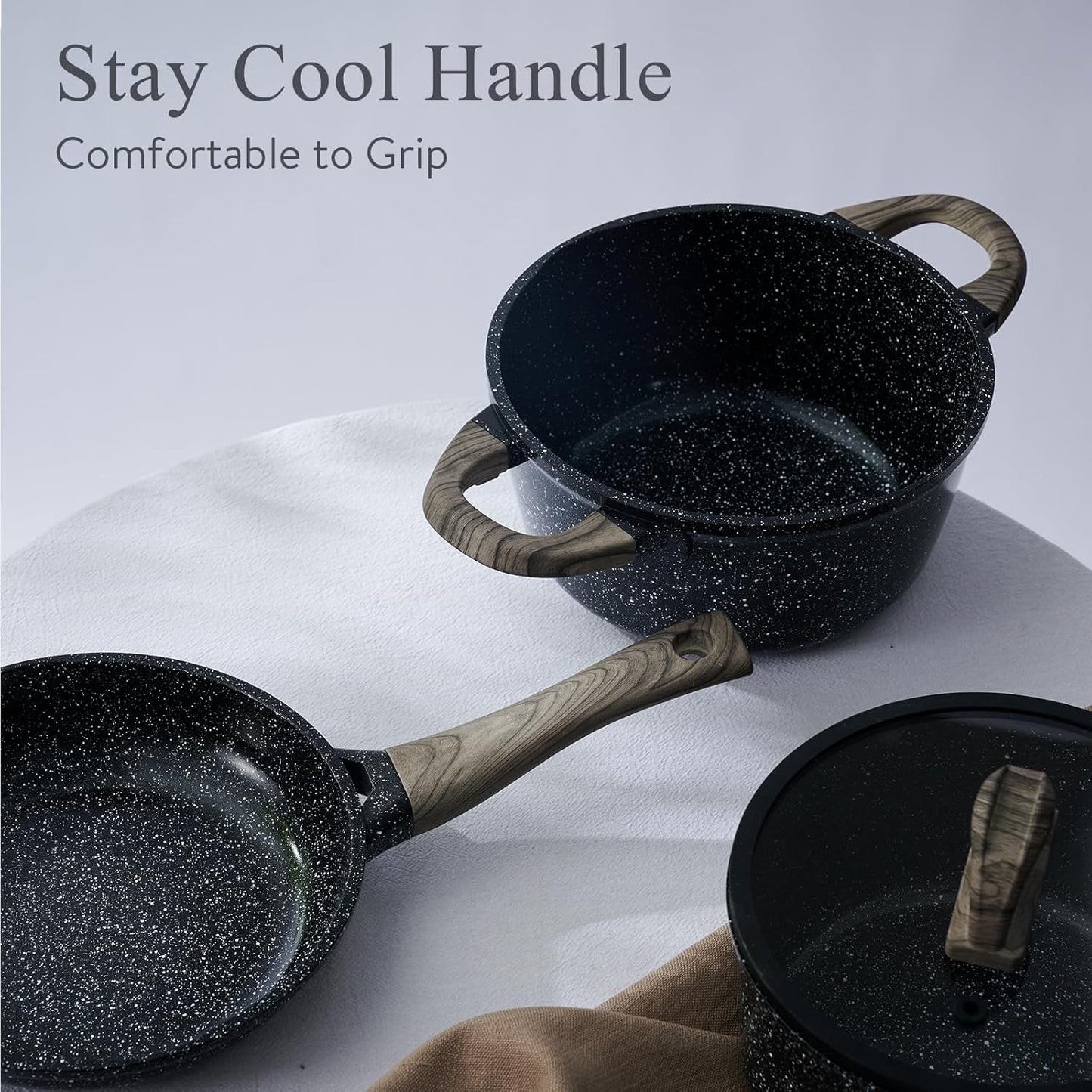 Ceramic Cookware Set 22 Piece Nonstick Pots and Pans Set Non Stick Kitchen Cooking Sets 8"Frying Pans with Lid,Black Granite Non-Toxic Induction Kitchen Cookware w/Glass Lids PFOS/PFOA-Free