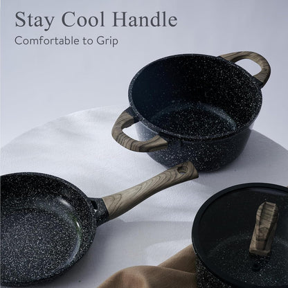 Ceramic Cookware Set 22 Piece Nonstick Pots and Pans Set Non Stick Kitchen Cooking Sets 8"Frying Pans with Lid,Black Granite Non-Toxic Induction Kitchen Cookware w/Glass Lids PFOS/PFOA-Free