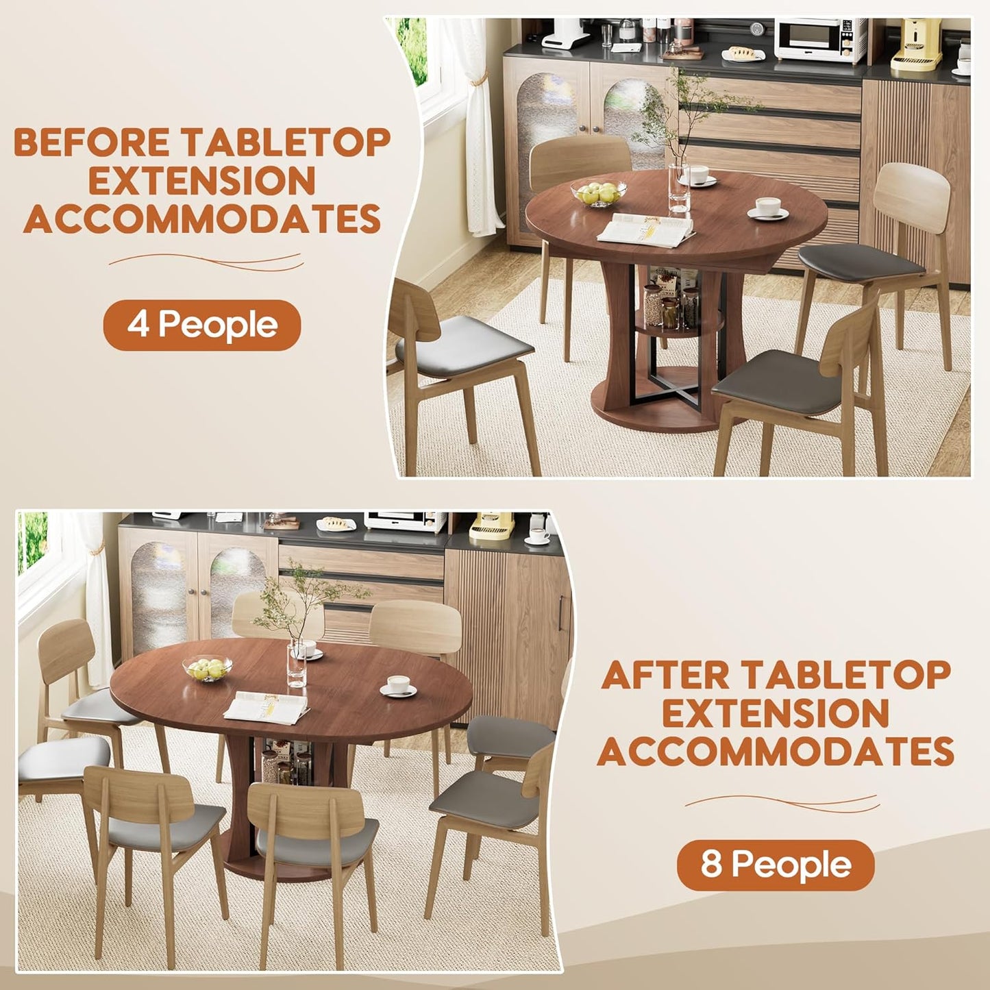 43.3''-59'' Extendable Round Dining Table for 4-8, Expandable Kitchen Table with Storage Shelf, Space Saving Circle Kitchen Table, Round Oval Dining Room Table for Living Room