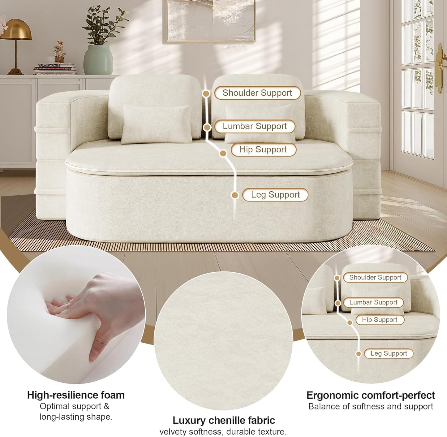 75'' Folding Sleeper Sofa Bed, Convertible Memory Foam Boneless Couch, Foldable Full Size Guest Bed, Modern 2-in-1 Futon Floor Sleeper Sofa with 4 Pillows and Blanket (Chenille, Beige1)