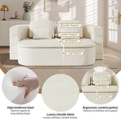 75'' Folding Sleeper Sofa Bed, Convertible Memory Foam Boneless Couch, Foldable Full Size Guest Bed, Modern 2-in-1 Futon Floor Sleeper Sofa with 4 Pillows and Blanket (Chenille, Beige1)