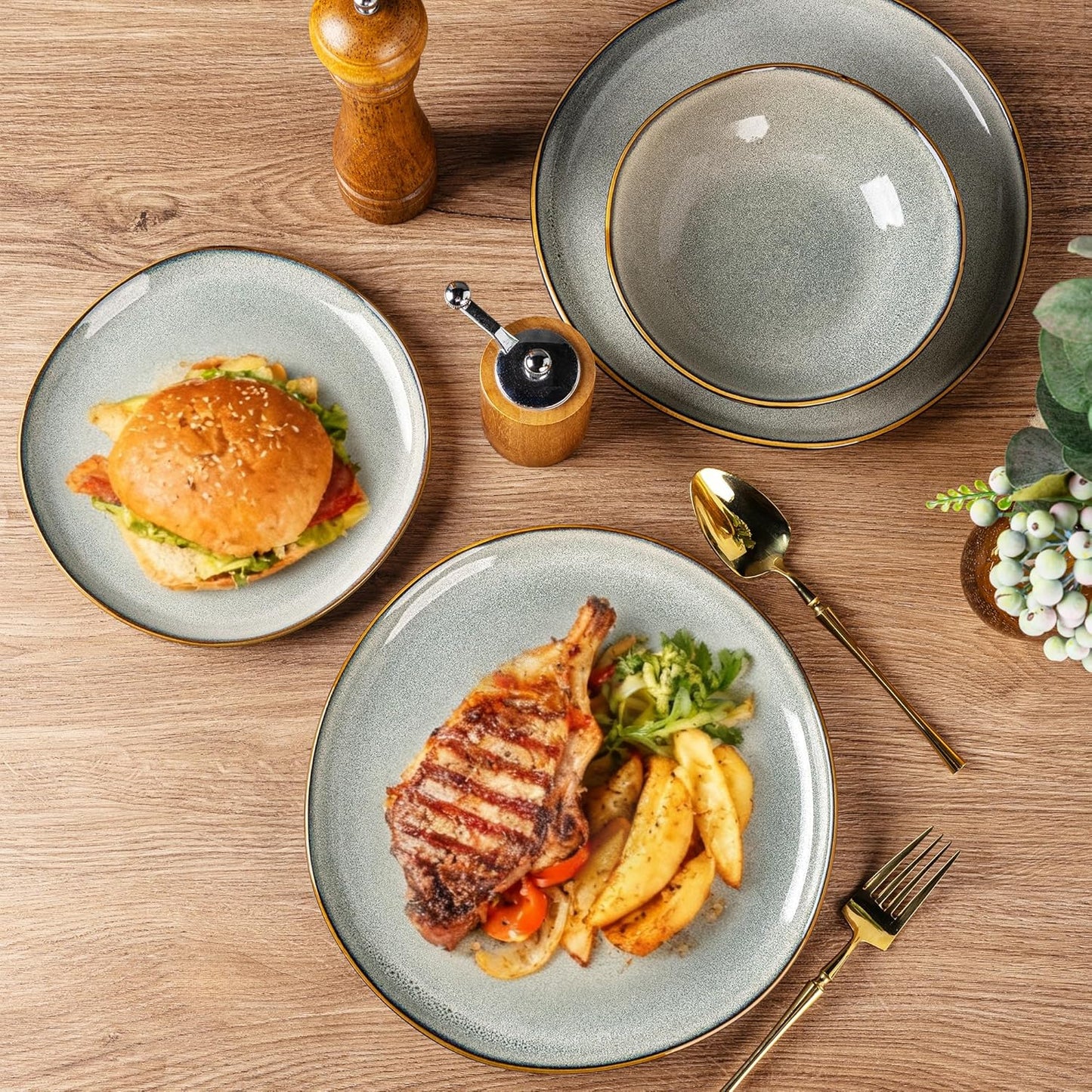 AmorArc Ceramic Dinnerware Sets,Handmade Reactive Glaze Stoneware Plates and Bowls Sets,Highly Scratch Resistant | Dishwasher & Microwave Safe Dishes Set,Service for 4 (12pc)