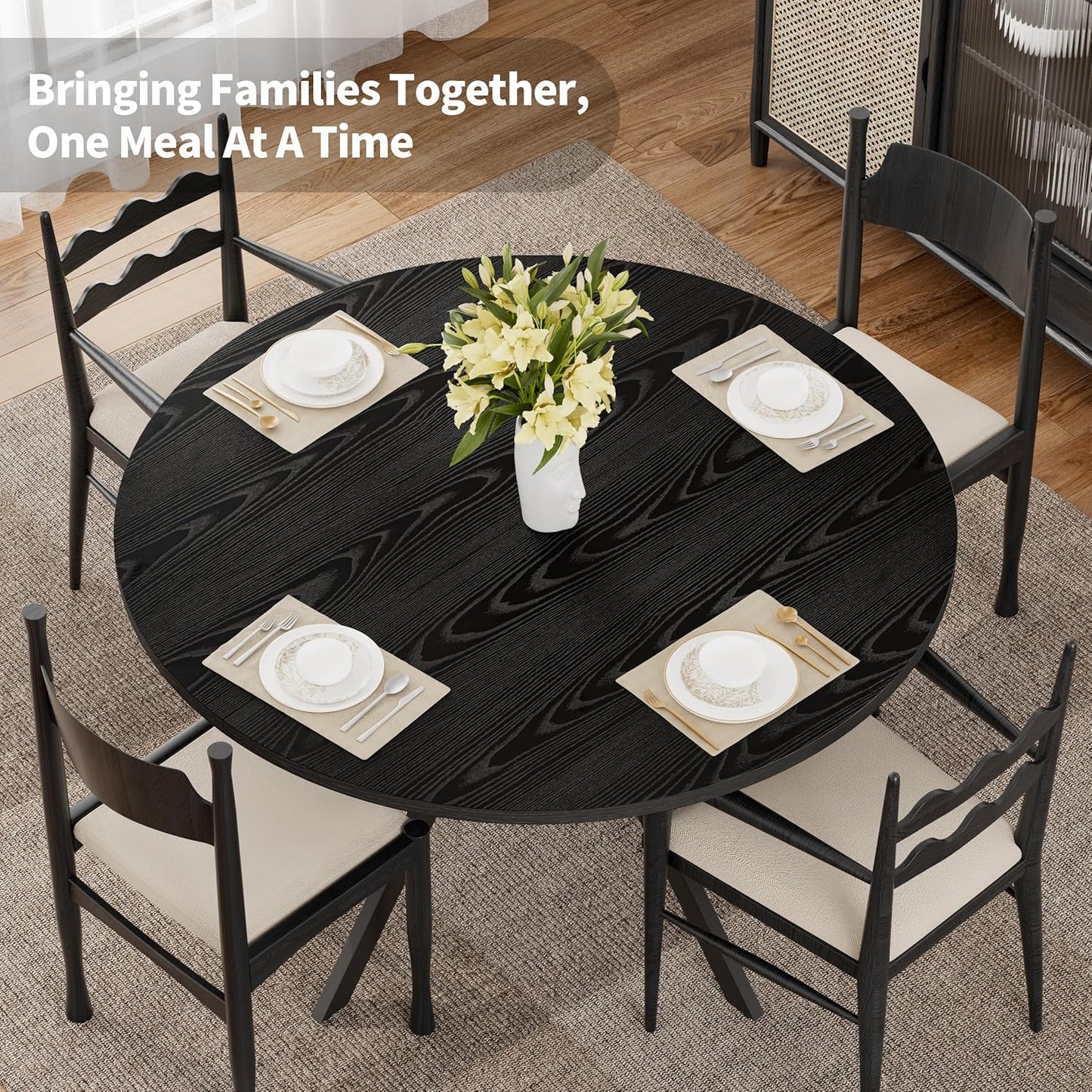 Black Dining Table for 2-4, 42 Inch Round Kitchen Table with Storage, Wooden Circle Dinner Table with Metal Legs, Rustic Mid Century Modern Dining Room Tables for Kitchen, Living Room, Dining Room