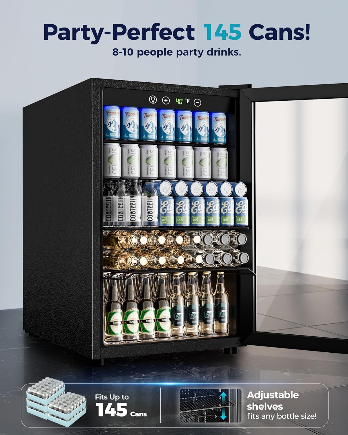 EUHOMY 4.5 Cu.ft Beverage Refrigerator and Cooler, 145 Can Mini fridge with Glass Door for Soda Beer Wine, Small Drink Dispenser with Digital Adjustable Thermostat for Home Office Bar