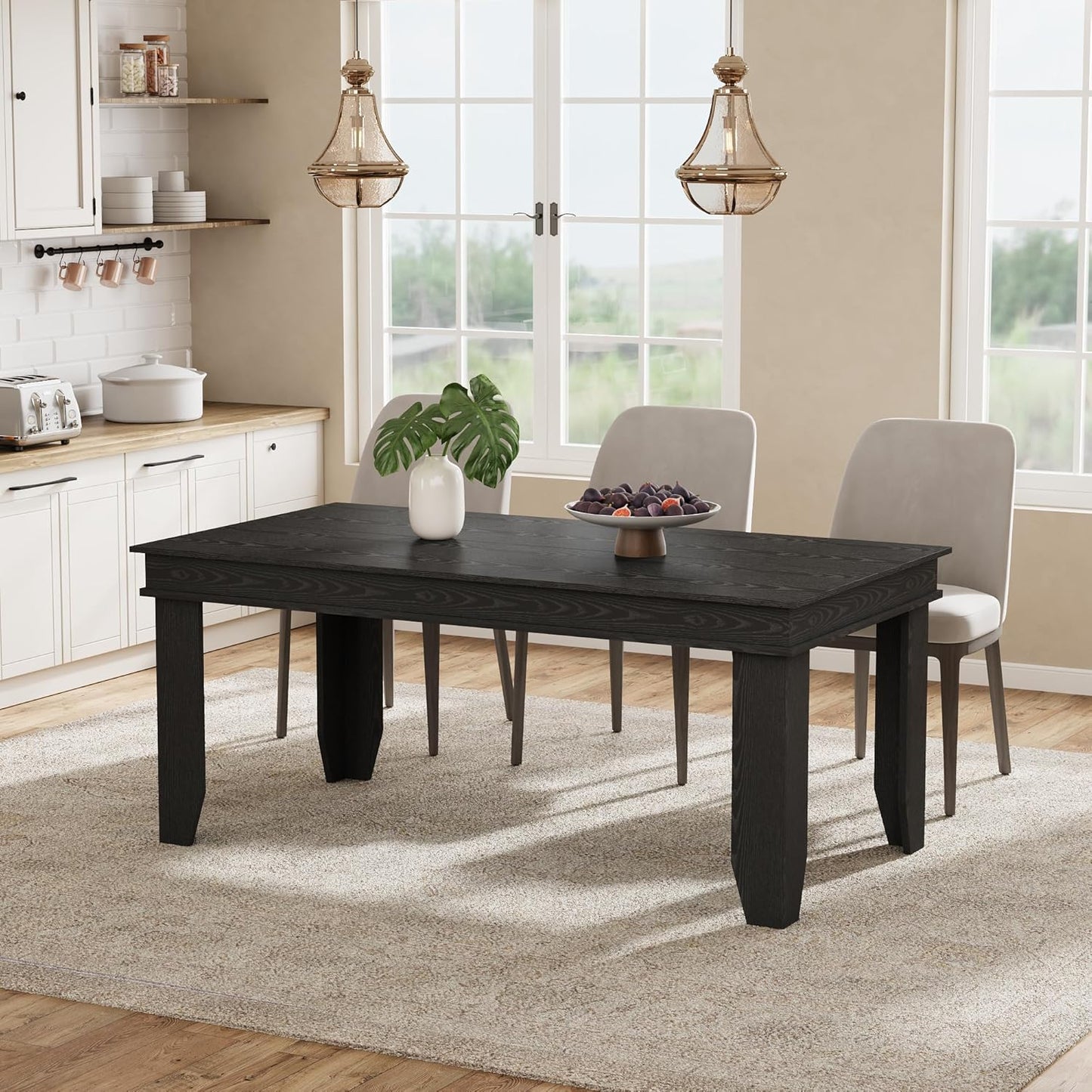 GarveeHome Farmhouse Dining Table for 6-8 People, 71 in Long Kitchen Tables with Wooden Sturdy Frame, 6 ft Large Rectangular Dinner Table for Dining Room, Kitchen, Black, 63" Non-extendable