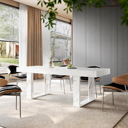 STHOUYN White Marble Extendable Dining Room Table for 8 10, 70.9" (86.6") x 31.5", Rectangle Dinner Table for 6-10, Modern Expandable Retractable Kitchen Table (White)