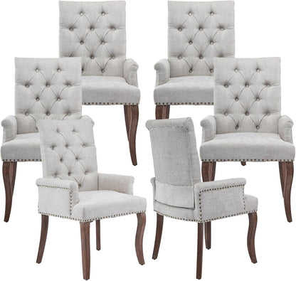 Upholstered Tufted Chenille Dining Chairs with Arms & Nailhead Trim – Solid Wood Frame & Legs, Modern Farmhouse for Dining, Kitchen & Living Room (Set of 6, Beige)