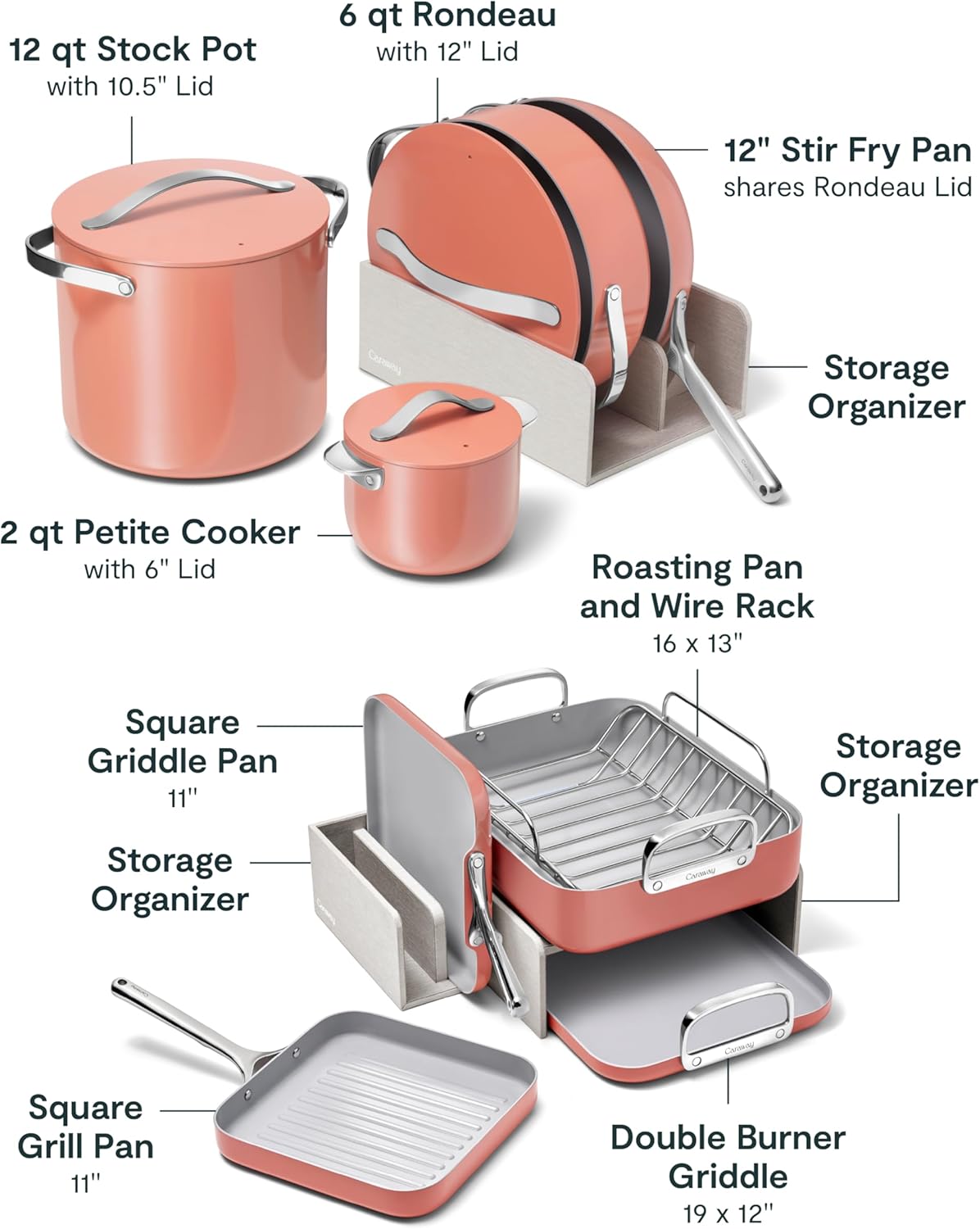 Caraway 31-Piece Ceramic Cookware Bundle - Fry Pans, Saucepans, Sauté Pan, Dutch Oven, Petite Cooker, Stir Fry, Rondeau, Stock Pot, Grill & Griddle Pans, Roasting Pan, Racks, Organizers - Perracotta