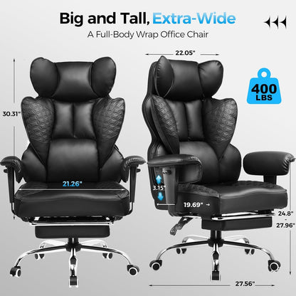 GTPLAYER Big and Tall Gaming Chair 400lbs Heavy Duty Office Chair with Foot Rest & Ergonomic Pocket Spring Lumbar Support, High Back 3D Saddle Shaped Cushion for Back Pain Relief, Matte-Black