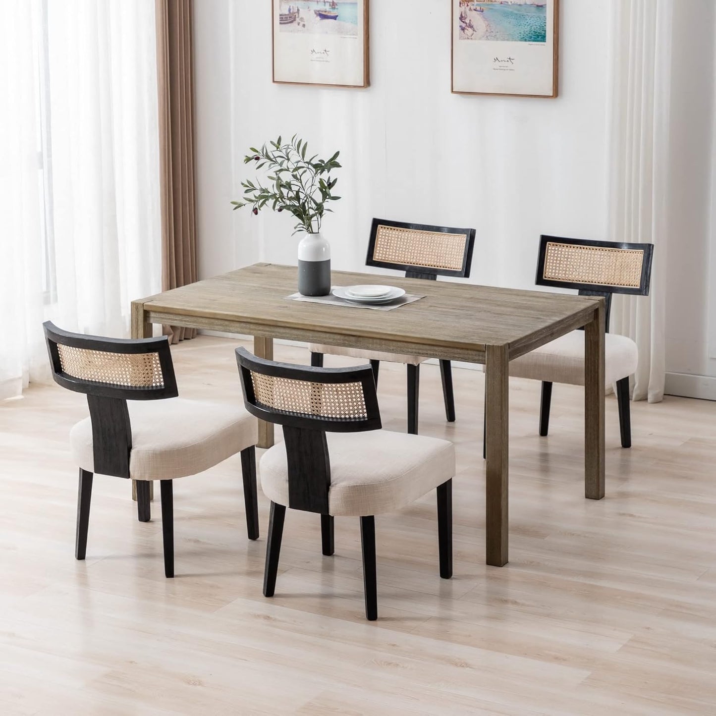 RIVOVA Rattan Dining Chairs Set of 6, Modern Dining Chair Kitchen Dining Room Chair, Curved Cane Back Upholstered Linen Fabric Dining Chair with Black Wood Frame, Beige