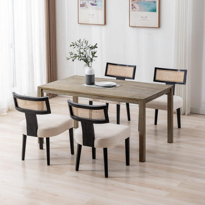 RIVOVA Rattan Dining Chairs Set of 6, Modern Dining Chair Kitchen Dining Room Chair, Curved Cane Back Upholstered Linen Fabric Dining Chair with Black Wood Frame, Beige
