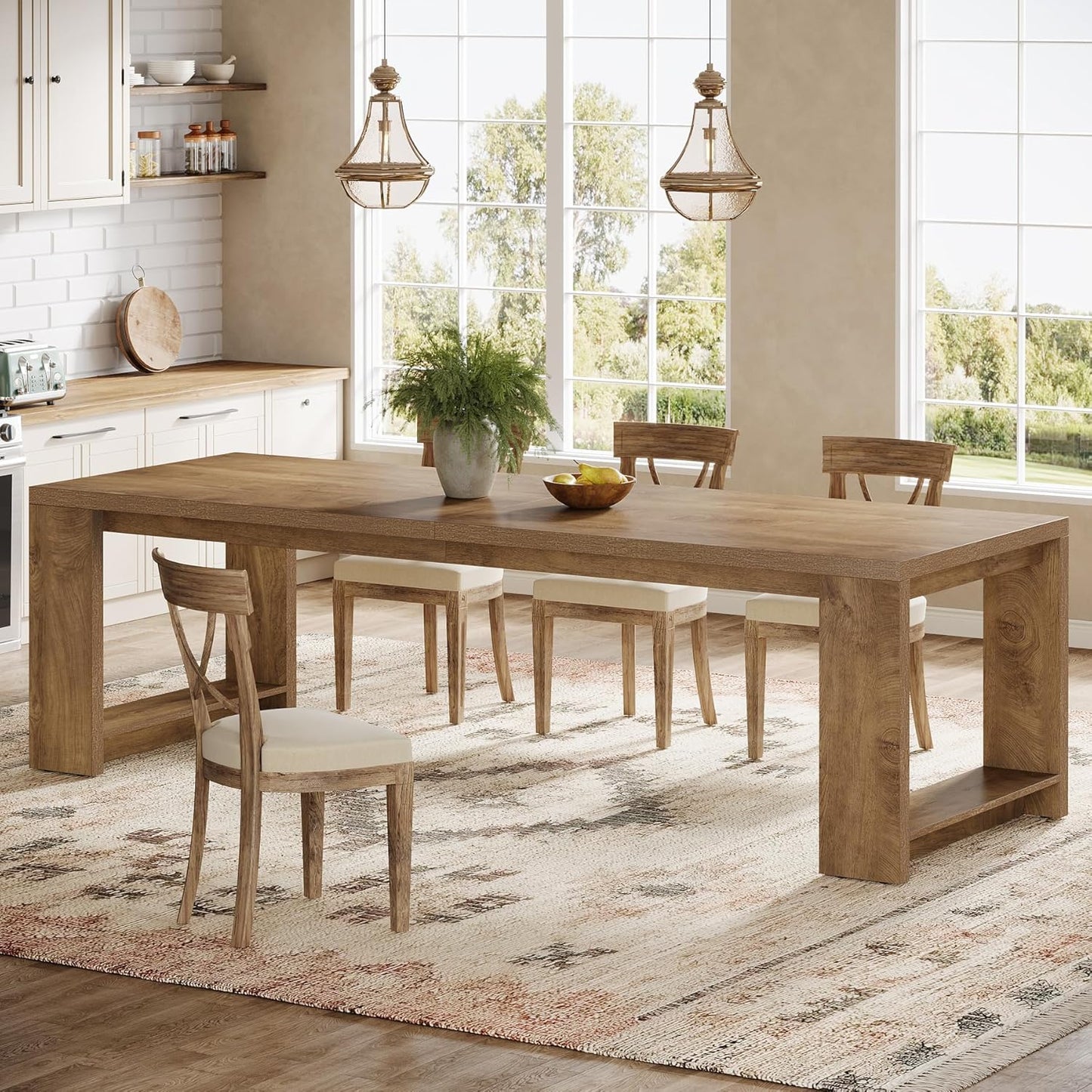 Tribesigns 86.61-Inch Dining Table for 6 People, Modern Narrow Long Kitchen Table with Pedestal Base, Farmhouse Extra Long Rectangular Dining Room Furniture, 27.56 x 86.61 x 29.53 Inches, Oak