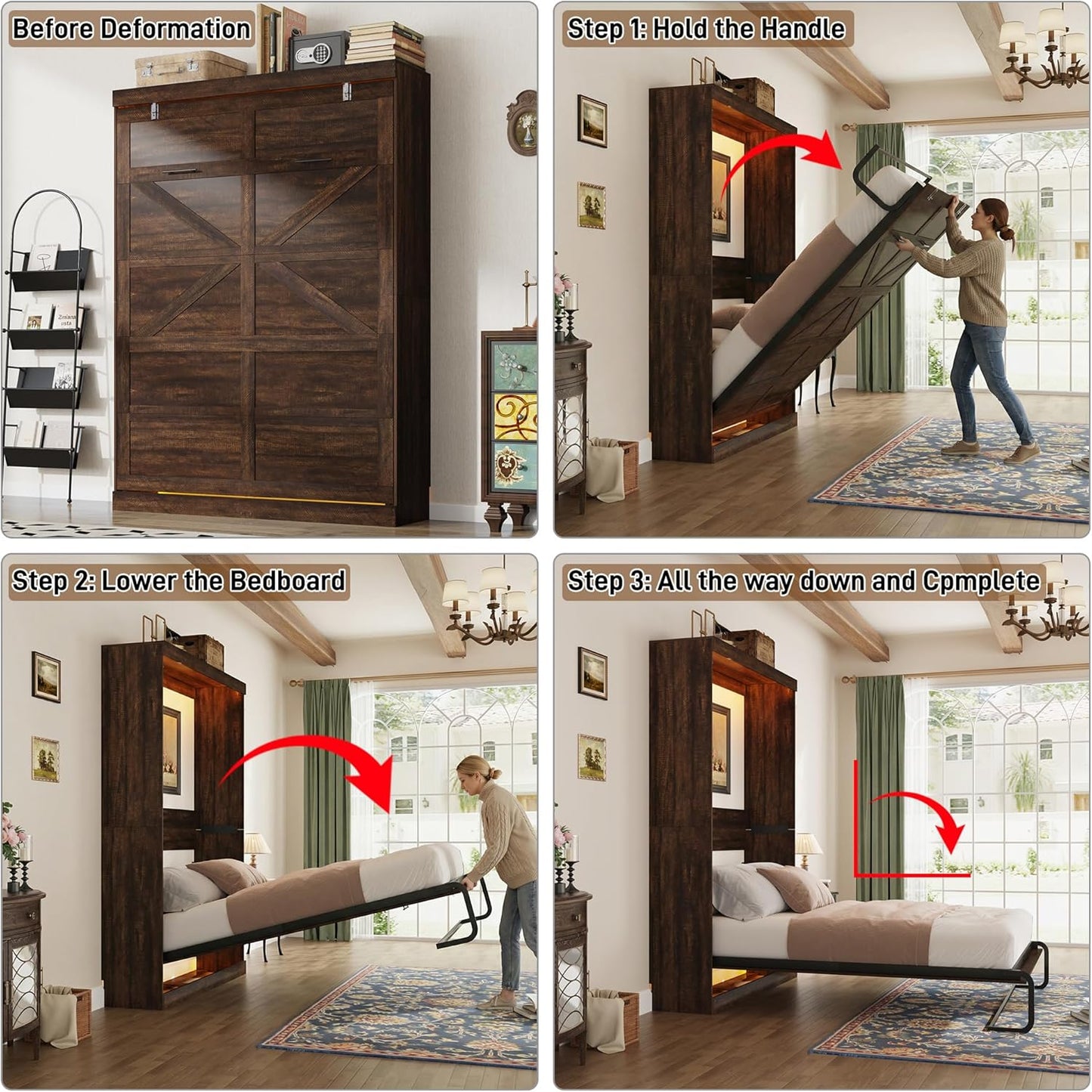 Hlivelood Queen Size Murphy Bed with 2 LED Lights, Farmhouse Wood Hidden Foldable Wall Bed Frame w/Gas Struts, Storage Bed Cabinet for Bedroom, Office, Space-Saving, No Box Spring Needed, Brown