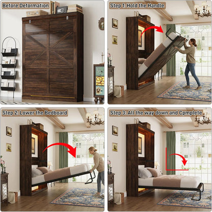 Hlivelood Queen Size Murphy Bed with 2 LED Lights, Farmhouse Wood Hidden Foldable Wall Bed Frame w/Gas Struts, Storage Bed Cabinet for Bedroom, Office, Space-Saving, No Box Spring Needed, Brown