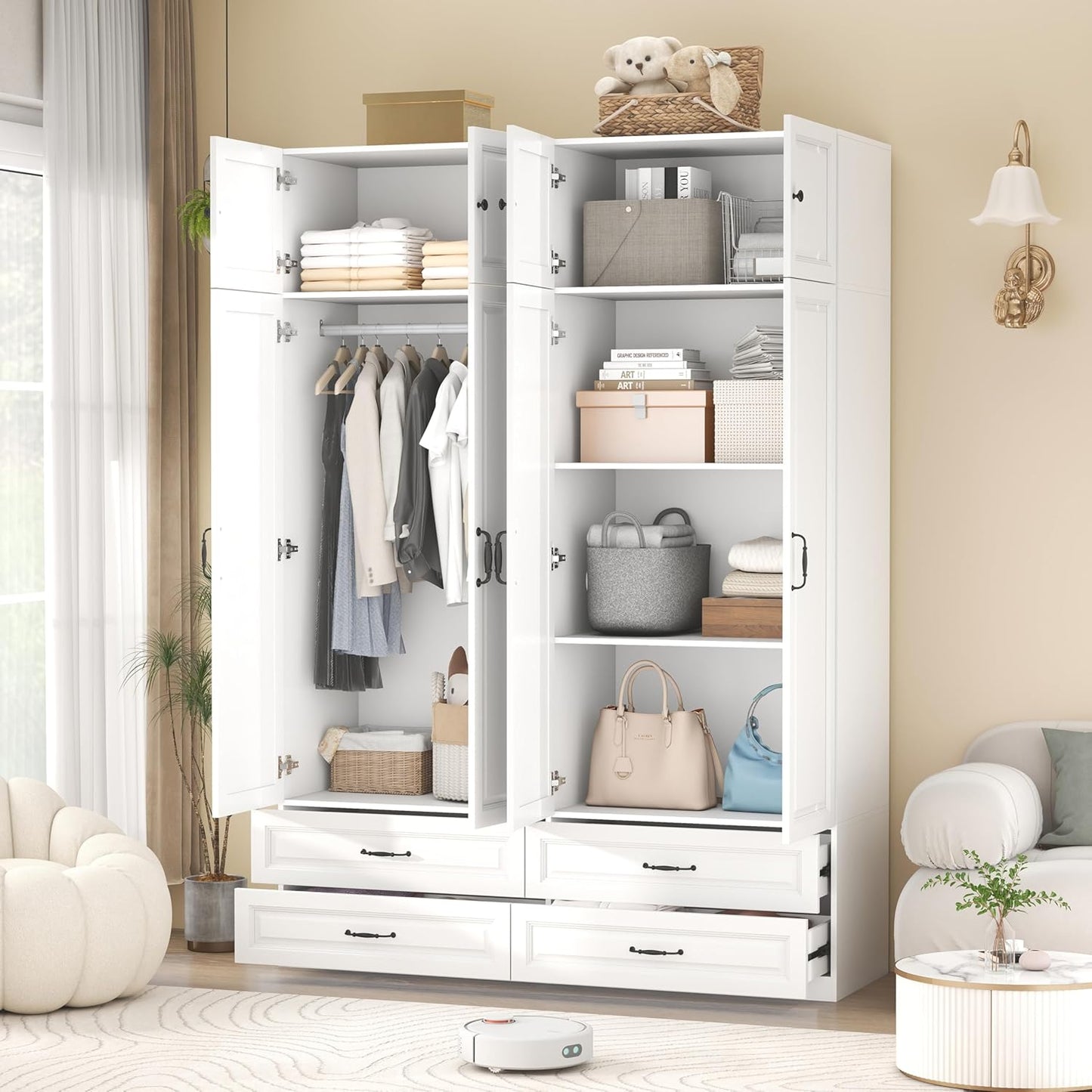 Armoire Wardrobe Closet with Drawers: 63" Large White Wood Wardrobe Closet with 4 Doors and 4 Drawers, Modern Clothes Storage Cabinet for Bedroom Armoire with Shelves (63")