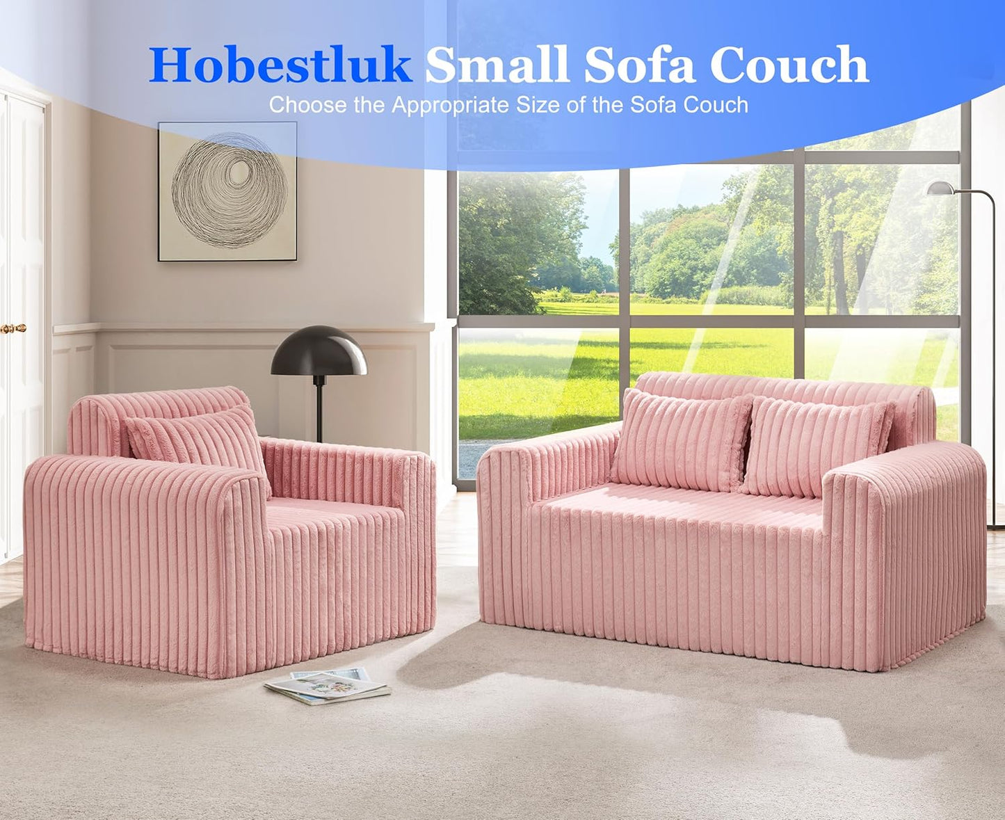 Hobestluk Couch Sofa 2-Seater Foam Sofa Loveseat for Small Spaces Comfy Sofas with Removable Cover Furry Couch with Pillows for Living Room, Bedroom, Apartment, Office (Pink, Loveseat)