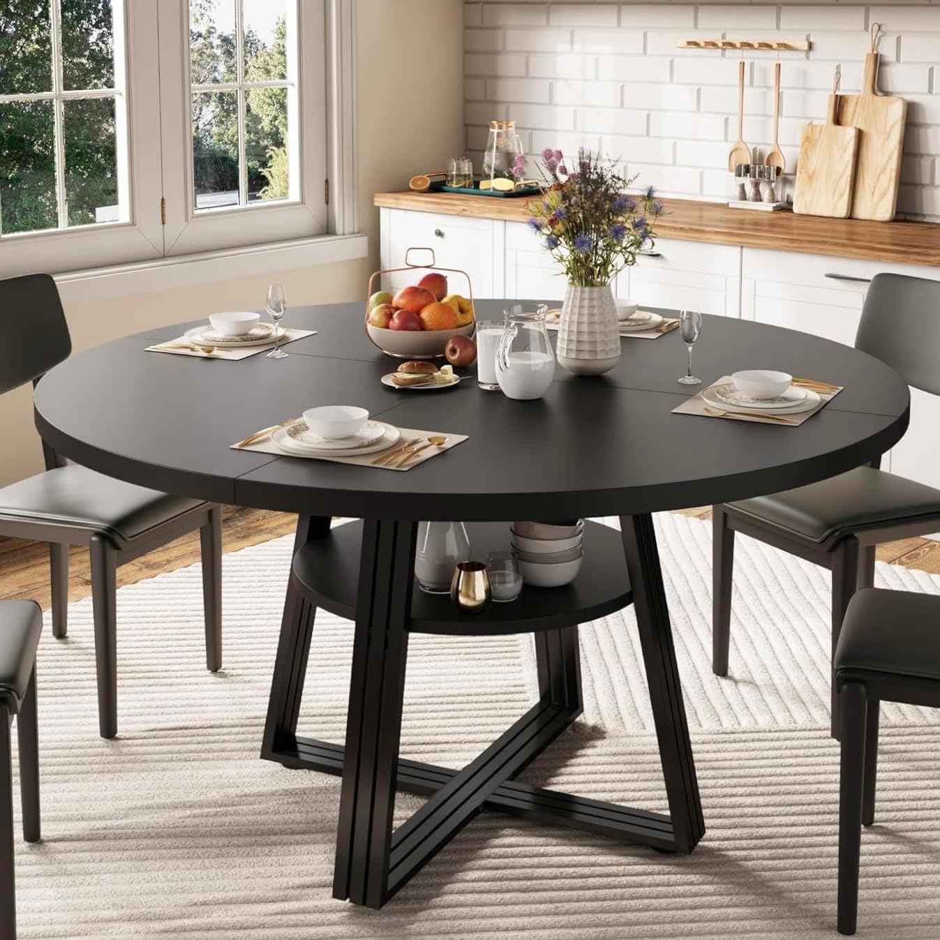 GarveeHome 47 Inch Round Dining Table for 4-6, Farmhouse Pedestal Kitchen Table with Storage Shelf, Space-Saving Circle, for Kitchen, Dining Room, Living Room, Apartment, Table Only- Black