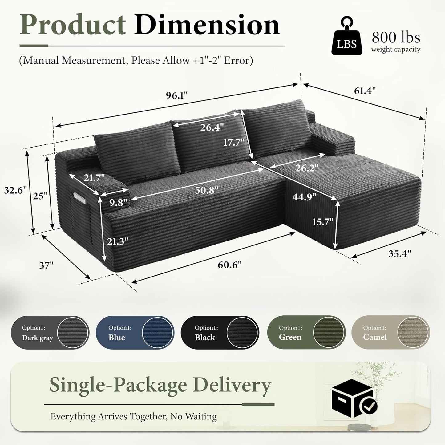 96" Sectional Couches for Living Room Cloud Couch Sofa with L-Shape Upholstered Boneless Couchs Modern Modular Sectional Couch with Chaise (Dark Grey, 96" W+Right Facing Chaise+2Seaters)