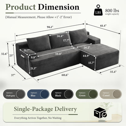 96" Sectional Couches for Living Room Cloud Couch Sofa with L-Shape Upholstered Boneless Couchs Modern Modular Sectional Couch with Chaise (Dark Grey, 96" W+Right Facing Chaise+2Seaters)