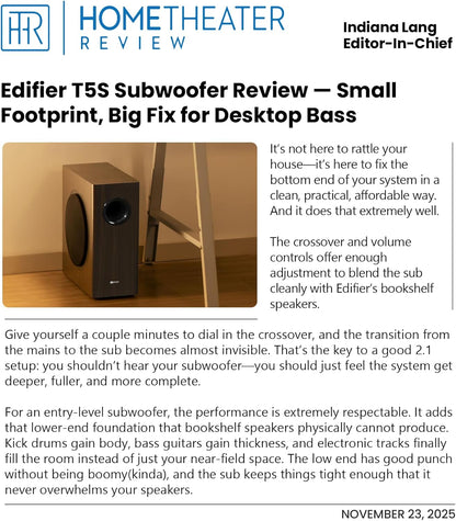 Edifier T5s Powered Active Subwoofer with 70W RMS, 8" Long-Throw Woofer, Deep Bass (35Hz) Speaker, Built-in Amp, Low Distortion, Phase Selector & Energy-Efficient for Home & Studio Audio, Black