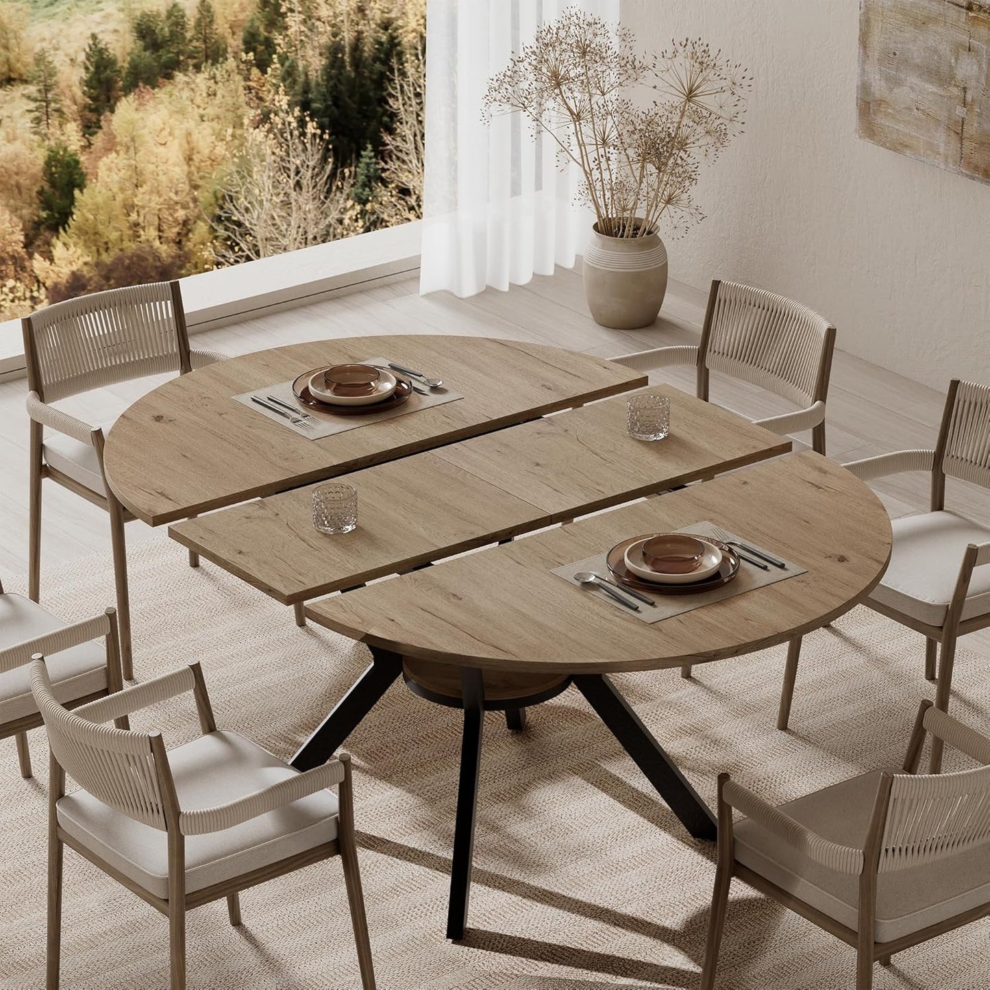 42"-58" Extendable Round Dining Table with Built-in Flip Leaf, Modern Oval Kitchen Table for 4-6, Space-Saving Small Room Furniture with Storage Shelf and X-Shaped Metal Base