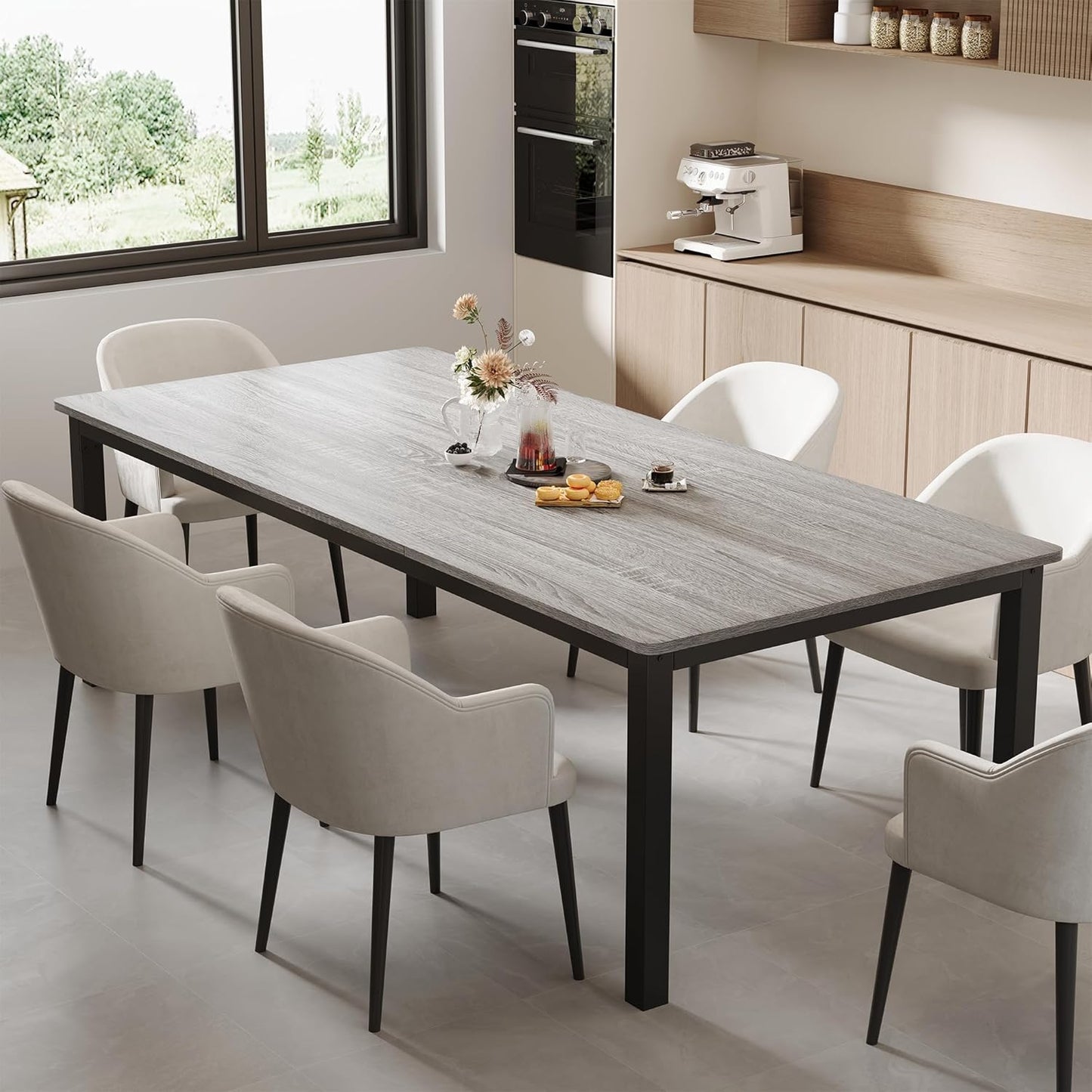 GarveeHome 70.8 in Industrial Dining Table for 6, Wooden Long Dinner Table with Mortise Tenon Design, Kitchen Table with Sturdy Metal Legs, for Dining Room Home Office Living Room, Grey