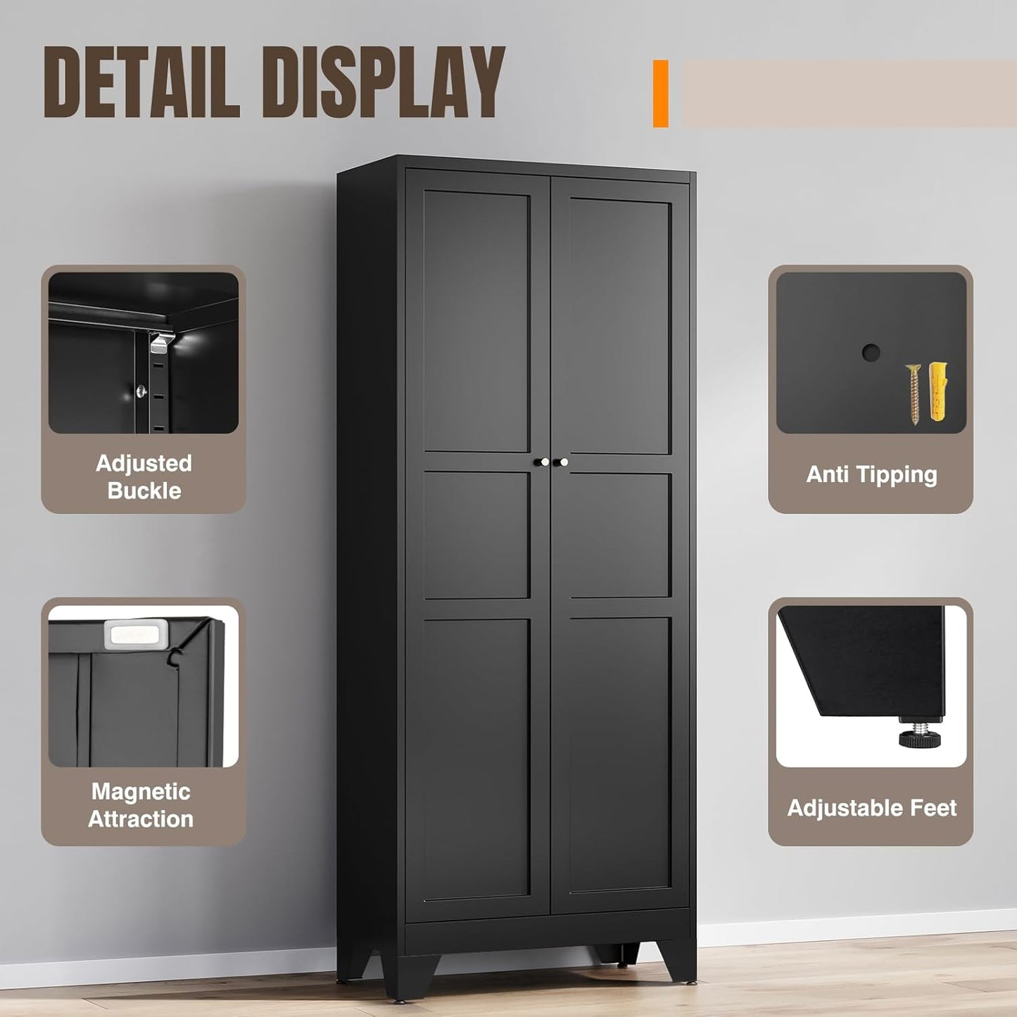 Yizosh Metal Pantry Cabinet, 75" Kitchen Pantry with 2 Door and 4 Adjustable Shelves,Black Metal Pantry Storage Cabinet,Cupboard for Kitchen,Dining Room,Living Room and Bathroom