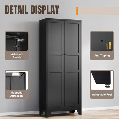 Yizosh Metal Pantry Cabinet, 75" Kitchen Pantry with 2 Door and 4 Adjustable Shelves,Black Metal Pantry Storage Cabinet,Cupboard for Kitchen,Dining Room,Living Room and Bathroom