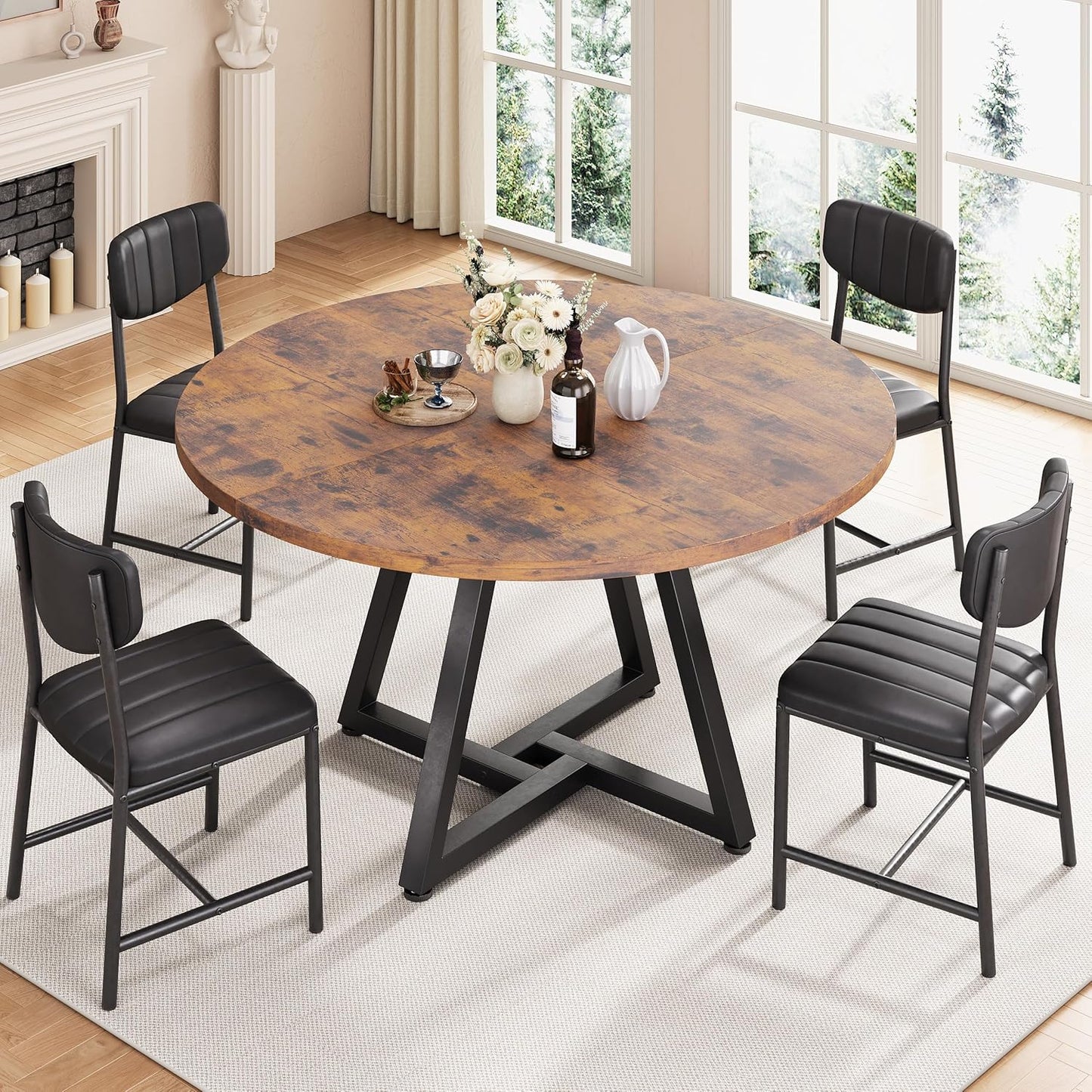 Jocoevol 51“ Round Kitchen Dining Room Table for 6-8, Circle Dining Dinner Table with Pedestal Metal Frame, Space Saving Wood Industrial Furniture for Small Space (Rustic Brown)