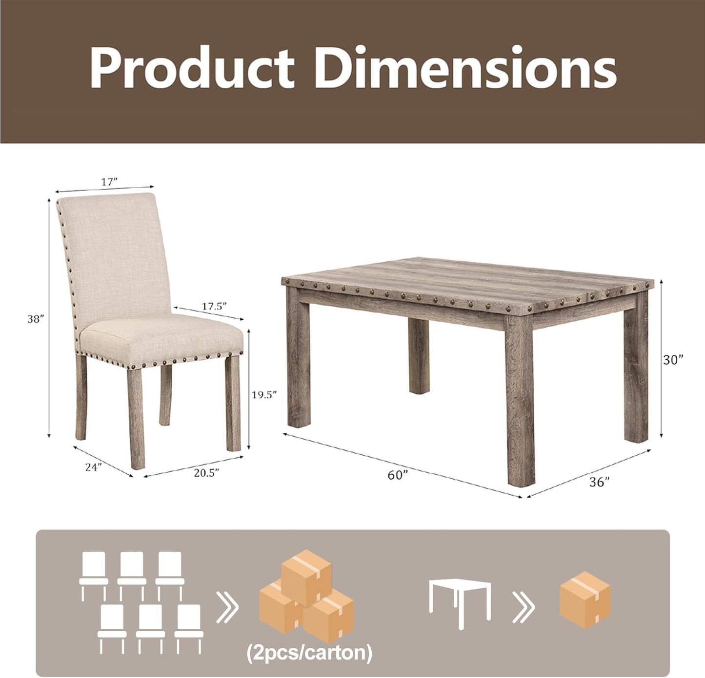 Morden Fort Rustic Dining Table Set for 6, Farmhouse Kitchen Dining Chairs for 6, Charming 60" Rectangular Wooden Table&6 Upholstered Chair with Nailhead Accents for Dining Hub,Breakfast Nook