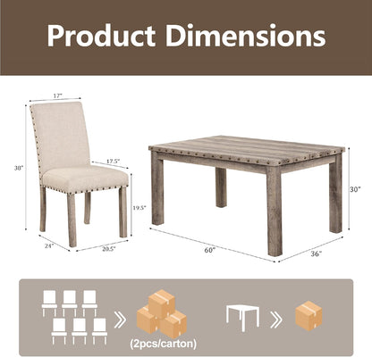 Morden Fort Rustic Dining Table Set for 6, Farmhouse Kitchen Dining Chairs for 6, Charming 60" Rectangular Wooden Table&6 Upholstered Chair with Nailhead Accents for Dining Hub,Breakfast Nook