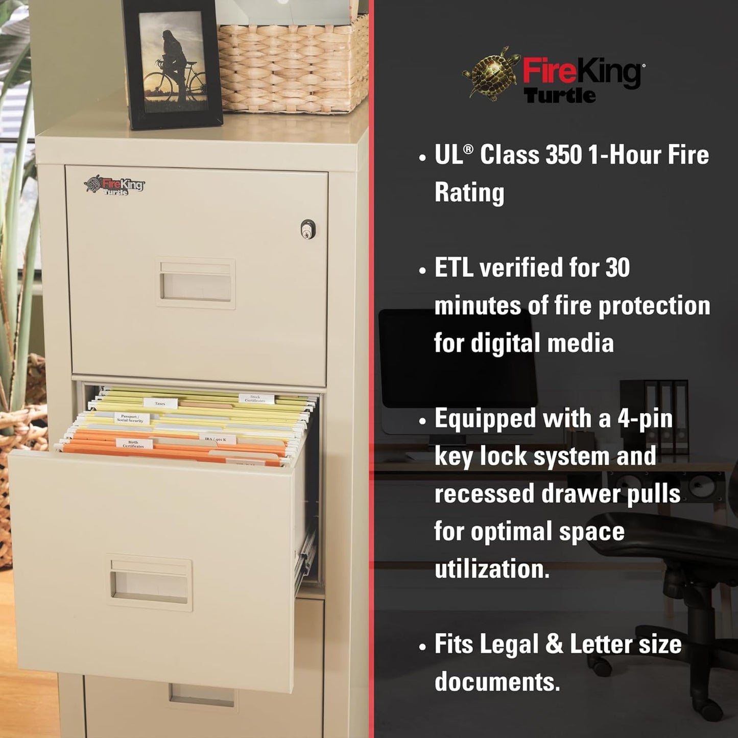 FireKing Turtle Vertical 4 Drawer Legal and Letter Fire Safe File Cabinet with Key Lock, 1 Hour Fire Rated, UL Rated & Water Resistant Home Safe, Filing Cabinet, Made in The USA, Arctic White