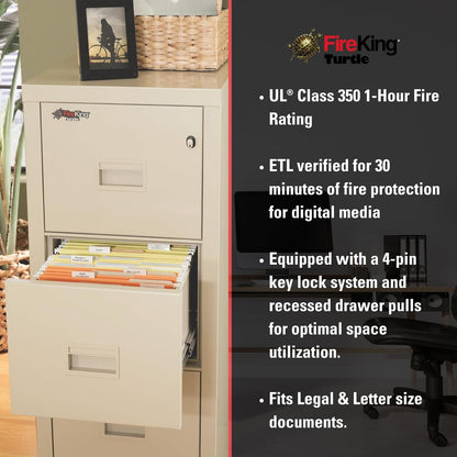 FireKing Turtle Vertical 4 Drawer Legal and Letter Fire Safe File Cabinet with Key Lock, 1 Hour Fire Rated, UL Rated & Water Resistant Home Safe, Filing Cabinet, Made in The USA, Arctic White