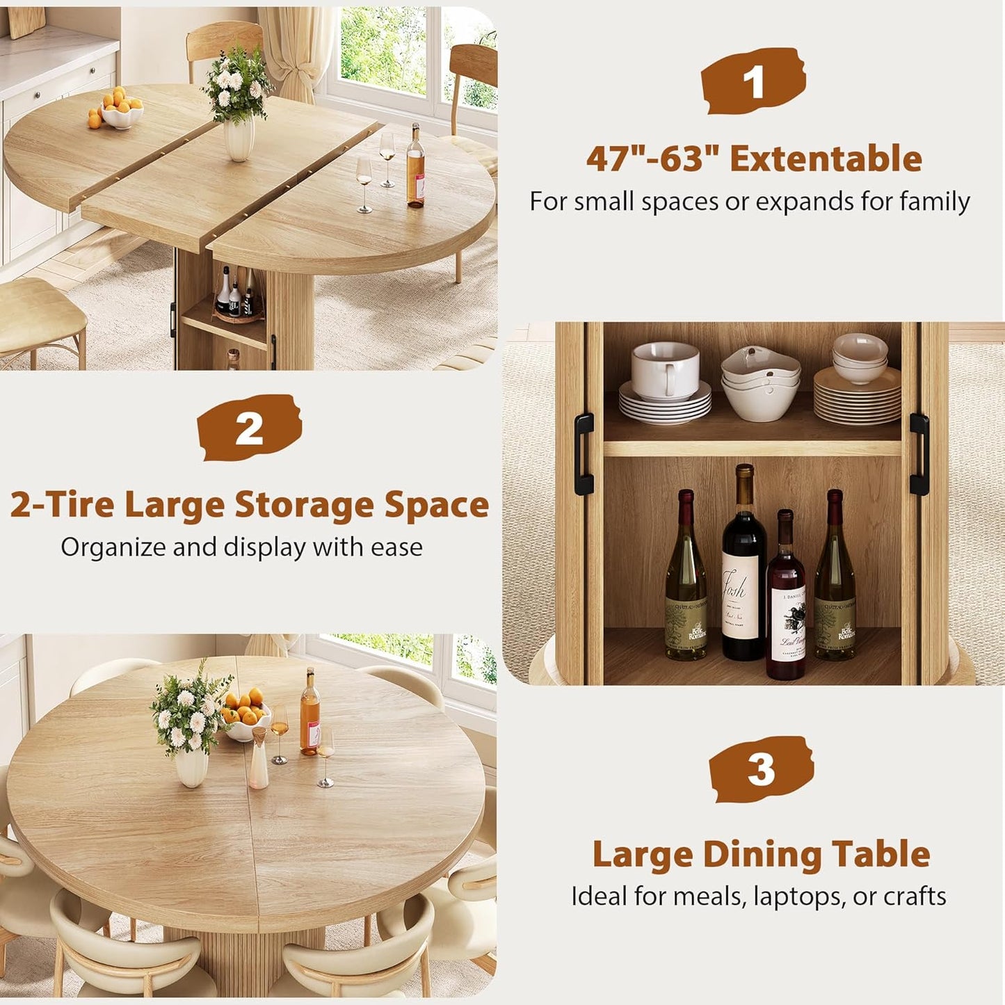 Jocoevol 47″–63″ Extendable Round Dining Table for 4–8 with Dust-Proof 2-Tier Storage Shelf Space-Saving Expandable Dining Room Table Wood Oval Circle Dining Table with Pedestal Base (Natural)