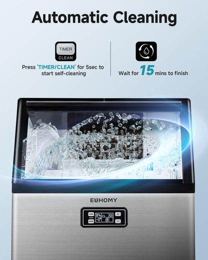 EUHOMY Commercial Ice Maker Machine, 100lbs/24H Stainless Steel Under Counter ice Machine with 33lbs Ice Storage Capacity, Freestanding Ice Maker.