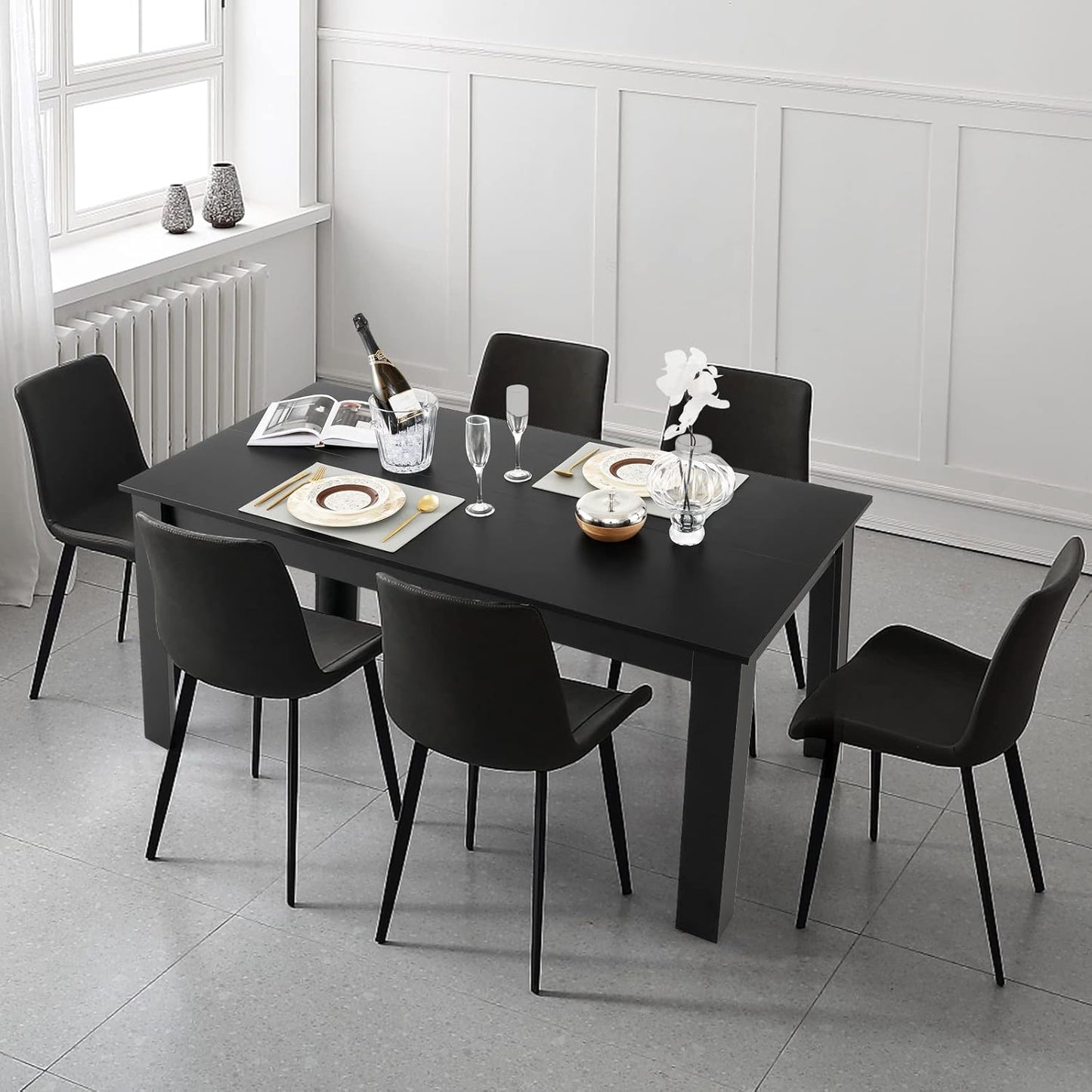 Giantex Dining Table for 6, Rectangular Kitchen Table with 330Lbs Capacity, Stable Structure, 63" L x 31.5" W x 30" H Large Farmhouse Center Tables for Dinner, Dinette, Dining Room, Black