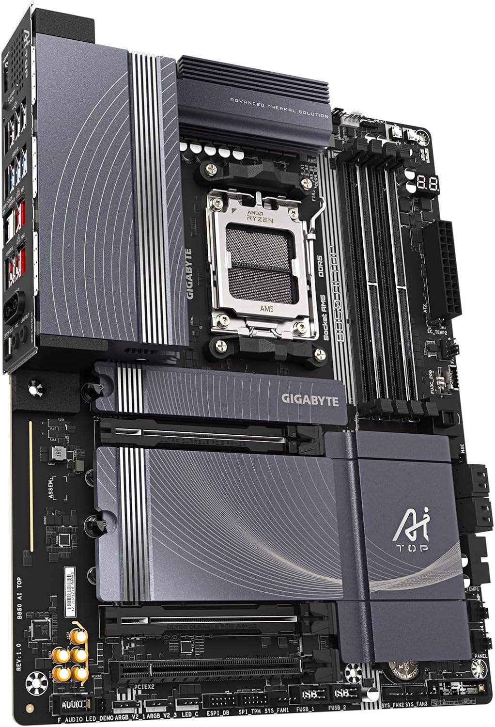 GIGABYTE B850 AI TOP AMD AM5 ATX Motherboard, Support AMD Ryzen 9000/8000/7000 Series, DDR5, 16+2+2 Power Phase, 3X M.2, PCIe 5.0, USB-C, WIFI7, 10GbE, EZ-Latch, 5-Year Warranty