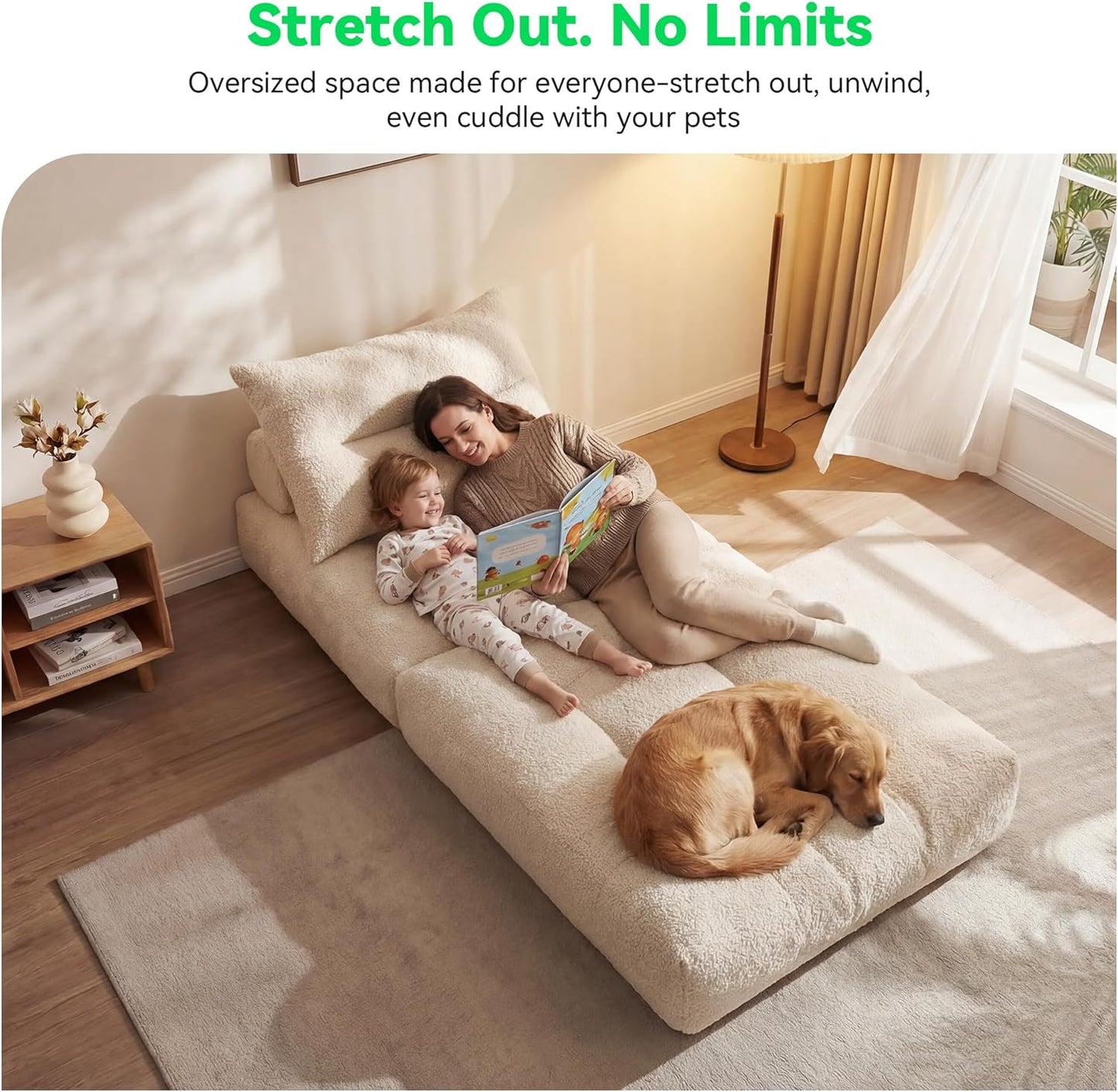 MONVANE Folding Sofa Bed, Fold Out Chair Bed with Pillow, Convertible Sleeper Chair for Living Room/Small Spaces, Foldable Lazy Sofa Bed Floor Chair, Comfy Teddy Velvet Couch Bed, Beige