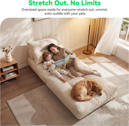 MONVANE Folding Sofa Bed, Fold Out Chair Bed with Pillow, Convertible Sleeper Chair for Living Room/Small Spaces, Foldable Lazy Sofa Bed Floor Chair, Comfy Teddy Velvet Couch Bed, Beige
