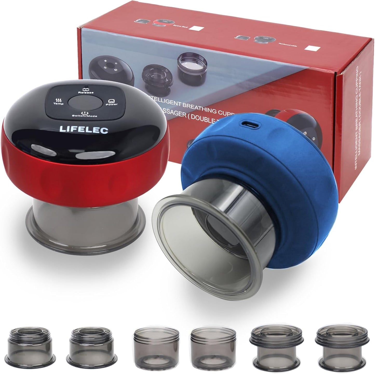 LIFELEC Smart Cupping Therapy Set - 6 Cups (Large/Press/Move), 12-Level Heat & Suction, Smart Red Light Therapy - Dual Massagers for Simultaneous Use - 2 Pack Set for Athletes, Fitness, Pain Relief