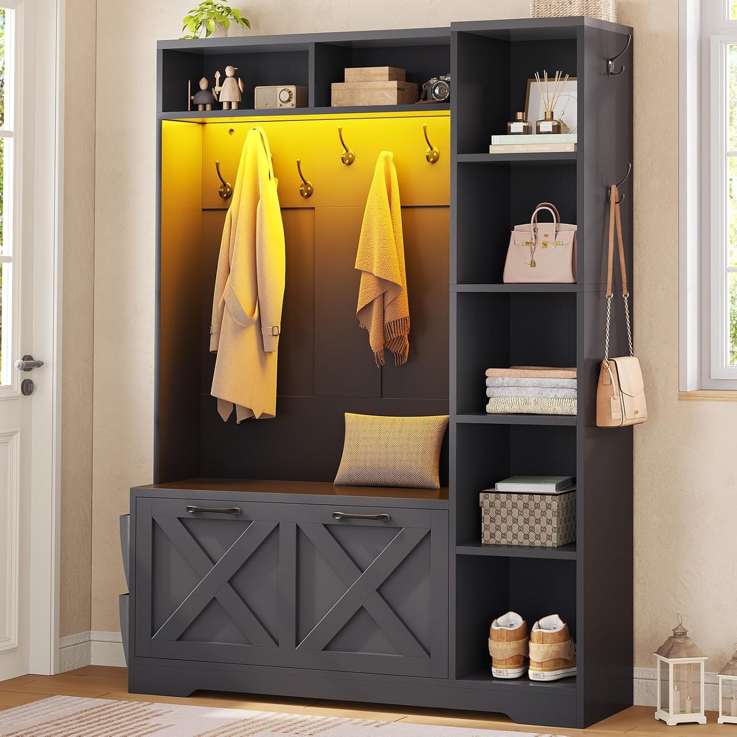 Itaar Hall Tree with Bench and Shoe Storage, Farmhouse Entryway Bench with Coat Rack, Shoe Cabinet with Flip Drawers, 7 Shelves, 10 Coat Hooks, Storage Bag, Led Lights, Black