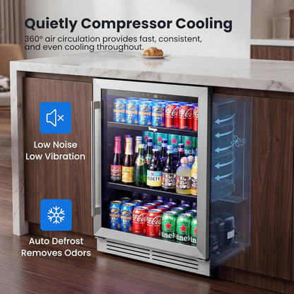 Yeego Beverage Refrigerator & Drink Fridge - 24 inch 180 Cans Beer Cooler Glass Door, 34-54℉ Under Counter Refrigerator Built-in for Drink Soda Wine for Bar Office Bedroom