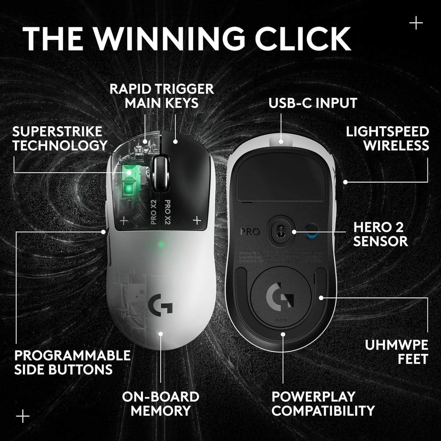 Logitech PRO X2 SUPERSTRIKE Lightspeed Wireless Gaming Mouse, Ultra-Fast Performance, Ultra Lightweight (61 g), Customizable Click Haptics, USB-C Charging, for PC/Mac/Laptop - White