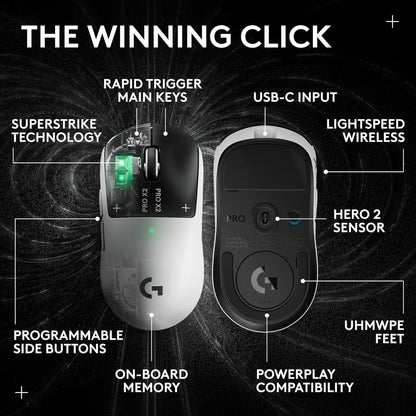 Logitech PRO X2 SUPERSTRIKE Lightspeed Wireless Gaming Mouse, Ultra-Fast Performance, Ultra Lightweight (61 g), Customizable Click Haptics, USB-C Charging, for PC/Mac/Laptop - White