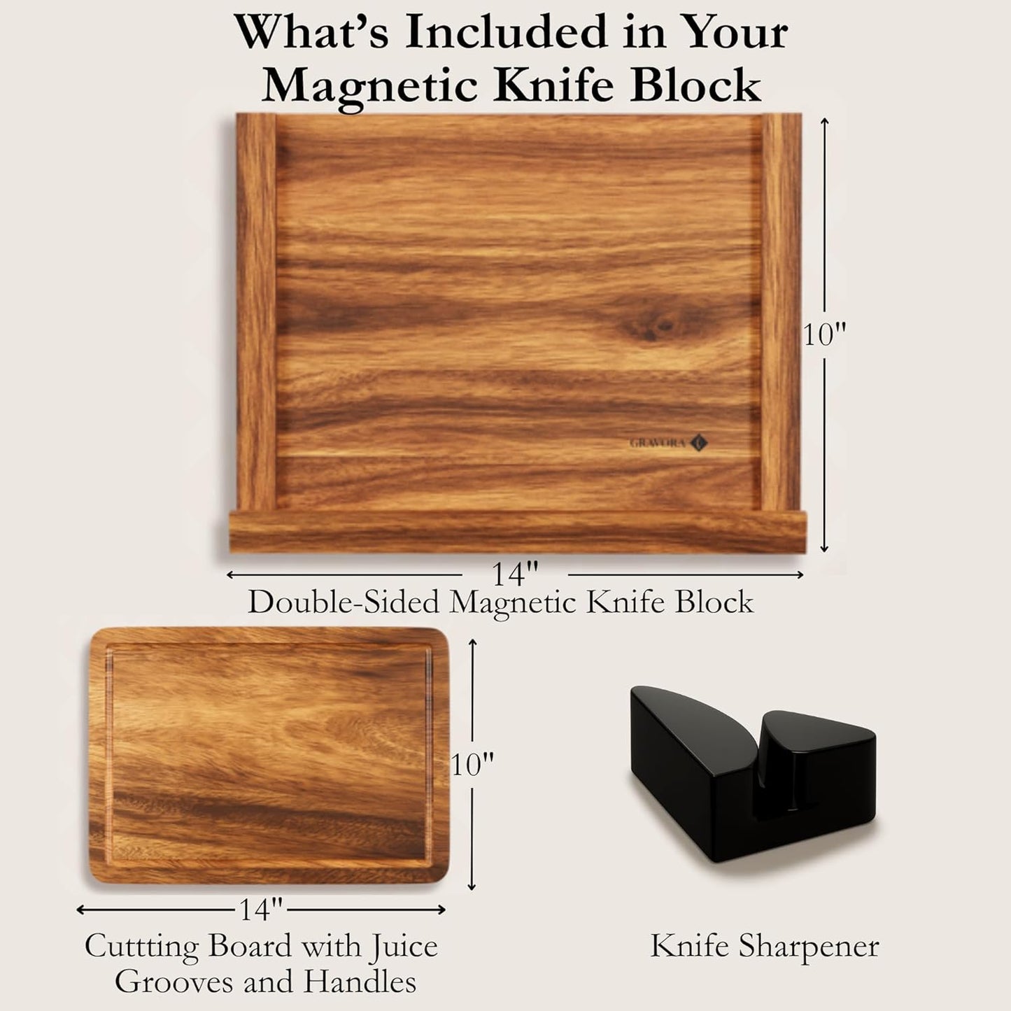 3 in 1 Magnetic Knife Block Stand, 14"x10" Cutting Board, Knife Sharpener - Wooden Magnetic Knife Holder - Acacia Display Holder Double Sided Storage Rack Magnets for Knives - No Assembly Required