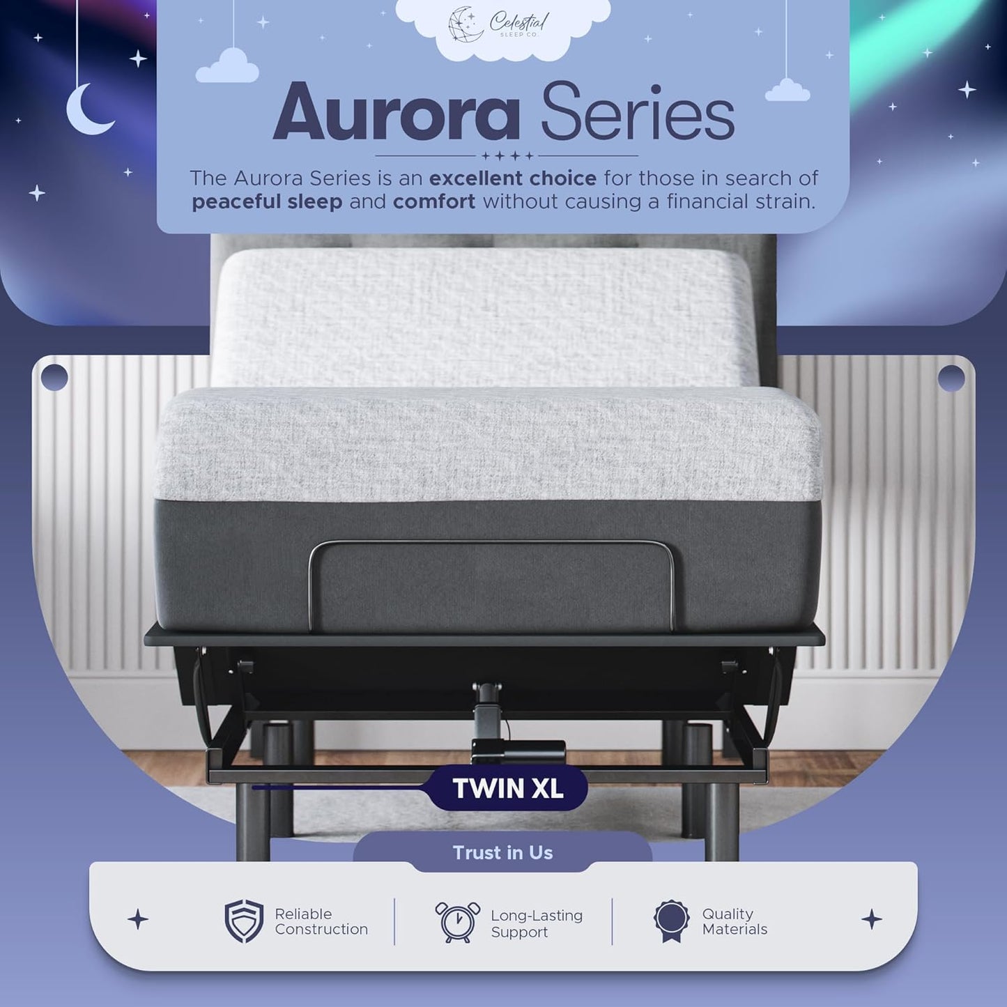 Celestial Aurora Adjustable Bed Base (Frame) + 8 inch Gel Memory Foam Mattress (Firm), Easy Assembly, Head and Foot Lift, Zero Gravity, Memory Positions, CertiPUR-US Bed - TwinXL