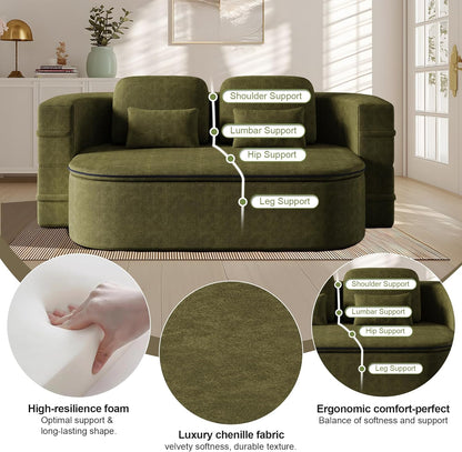 75'' Folding Sleeper Sofa Bed, Convertible Memory Foam Boneless Couch, Foldable Full Size Guest Bed, Modern 2-in-1 Futon Floor Sleeper Sofa with 4 Pillows and Blanket (Chenille, Green1)